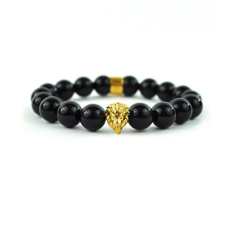 Glossy Black Lion Beaded Bracelet The Gold Gods close up view