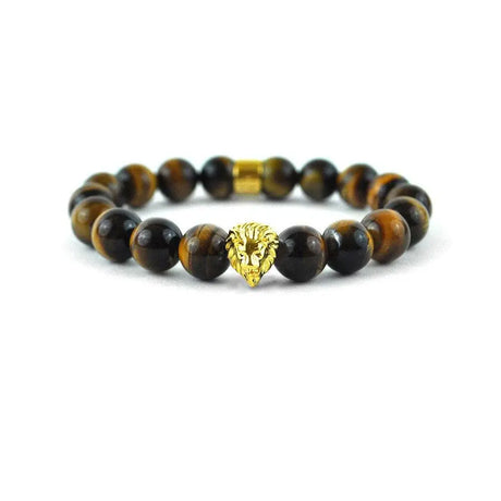 Tiger Eye Gemstone Lion Beaded Bracelet The Gold Gods close up view 