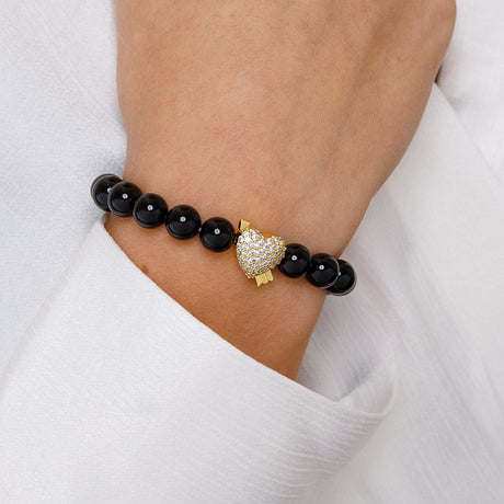 Women's Diamond Heart Glossy Black Beaded Bracelet The Gold Goddess