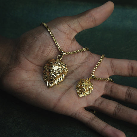 Gold Lion Head Necklace Pendant & Franco Gold Chain The Gold Gods closed up view