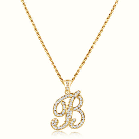 Women's Vermeil Diamond Script Initial Letter Necklace Pendant & Rope Chain