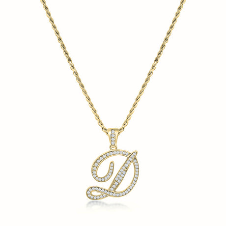 Women's Vermeil Diamond Script Initial Letter Necklace Pendant & Rope Chain