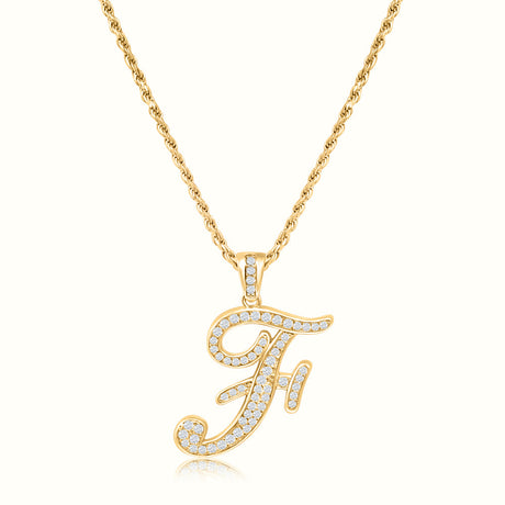 Women's Vermeil Diamond Script Initial Letter Necklace Pendant & Rope Chain