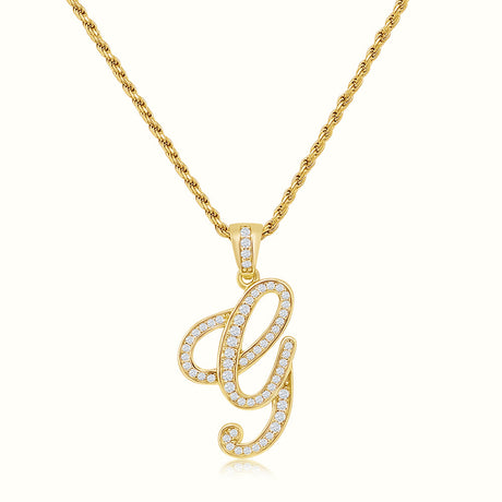 Women's Vermeil Diamond Script Initial Letter Necklace Pendant & Rope Chain