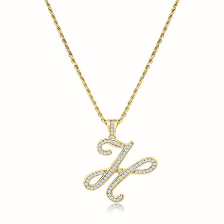 Women's Vermeil Diamond Script Initial Letter Necklace Pendant & Rope Chain