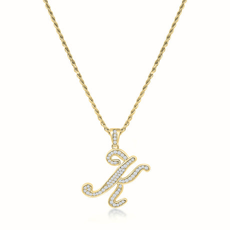 Women's Vermeil Diamond Script Initial Letter Necklace Pendant & Rope Chain