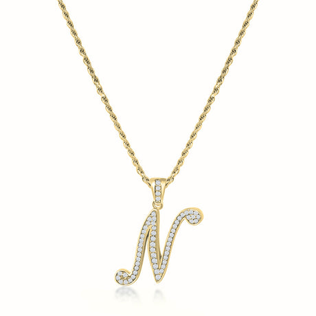 Women's Vermeil Diamond Script Initial Letter Necklace Pendant & Rope Chain