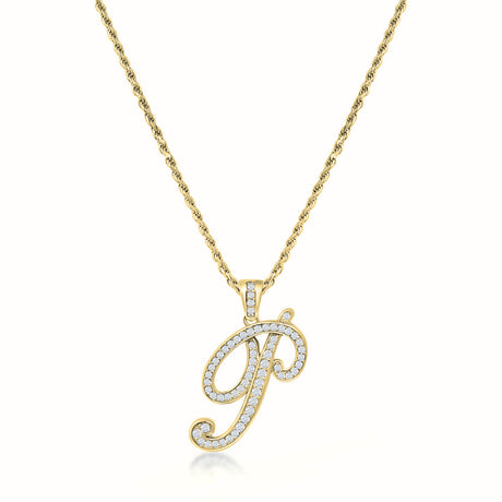 Women's Vermeil Diamond Script Initial Letter Necklace Pendant & Rope Chain