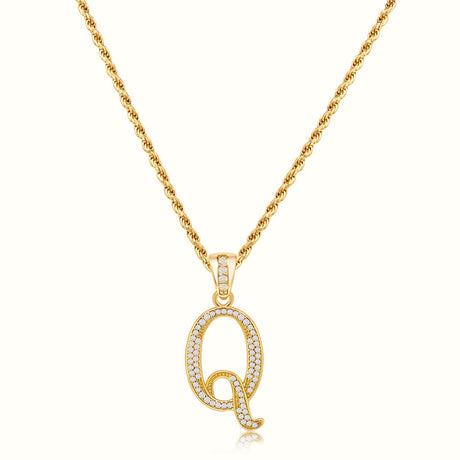 Women's Vermeil Diamond Script Initial Letter Necklace Pendant & Rope Chain