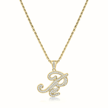 Women's Vermeil Diamond Script Initial Letter Necklace Pendant & Rope Chain