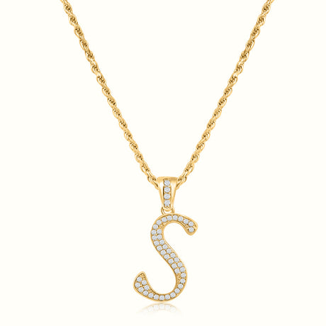 Women's Vermeil Diamond Script Initial Letter Necklace Pendant & Rope Chain