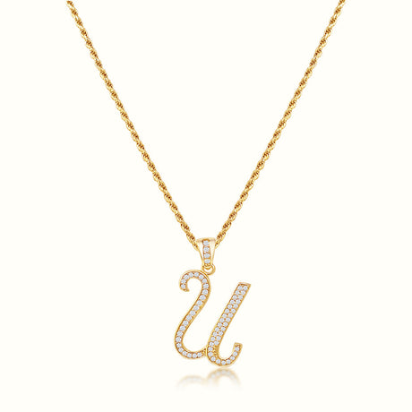 Women's Vermeil Diamond Script Initial Letter Necklace Pendant & Rope Chain