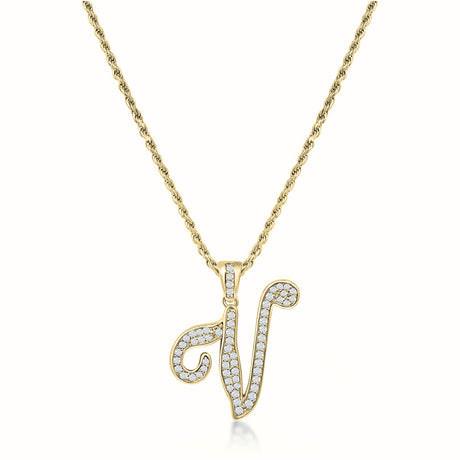 Women's Vermeil Diamond Script Initial Letter Necklace Pendant & Rope Chain