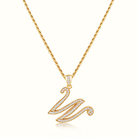 Women's Vermeil Diamond Script Initial Letter Necklace Pendant & Rope Chain