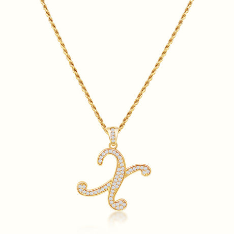 Women's Vermeil Diamond Script Initial Letter Necklace Pendant & Rope Chain