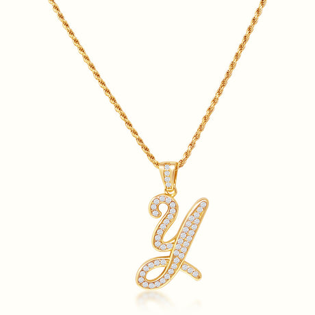 Women's Vermeil Diamond Script Initial Letter Necklace Pendant & Rope Chain