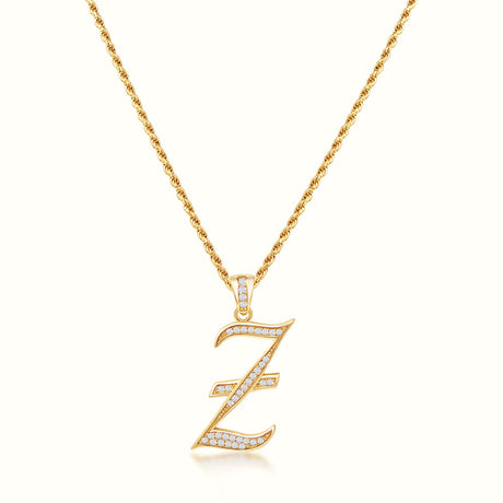 Women's Vermeil Diamond Script Initial Letter Necklace Pendant & Rope Chain